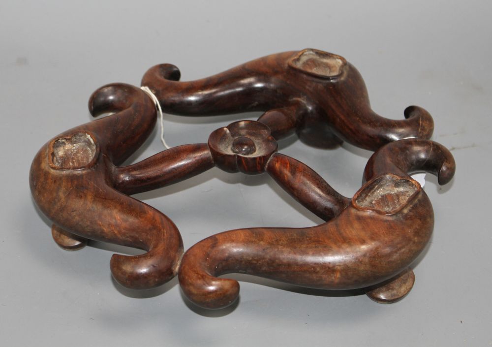 A large Chinese hardwood tripod censer stand, W. 28cm